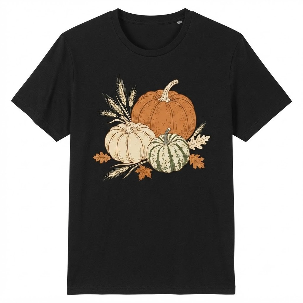 Autumn Harvest Pumpkins Wheat Leaves Thanksgiving Line Art Graphic T-shirt