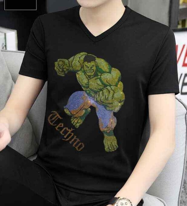 New Men Luxury V-Neck Rhinestones Fashion Diamonds Black T-Shirt High Quality