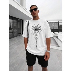 Fractyr Men’s Geometric Palm Tree Double Print Oversized Tee, White Streetwear​