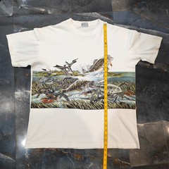 Vintage 90s Largemouth Bass Fishing All Over Print Nature Graphic White T-Shirt
