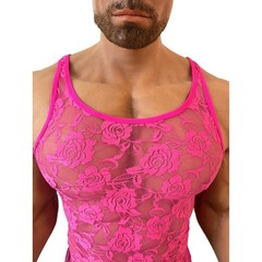 Men’s Stretchy Floral Lace Mesh Tank Top Sleeveless Fitted Vest for Vacation