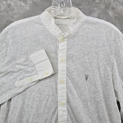 AllSaints Mens Small Henley Shirt Grey Grandad Collar Long Sleeve Ramskull Logo