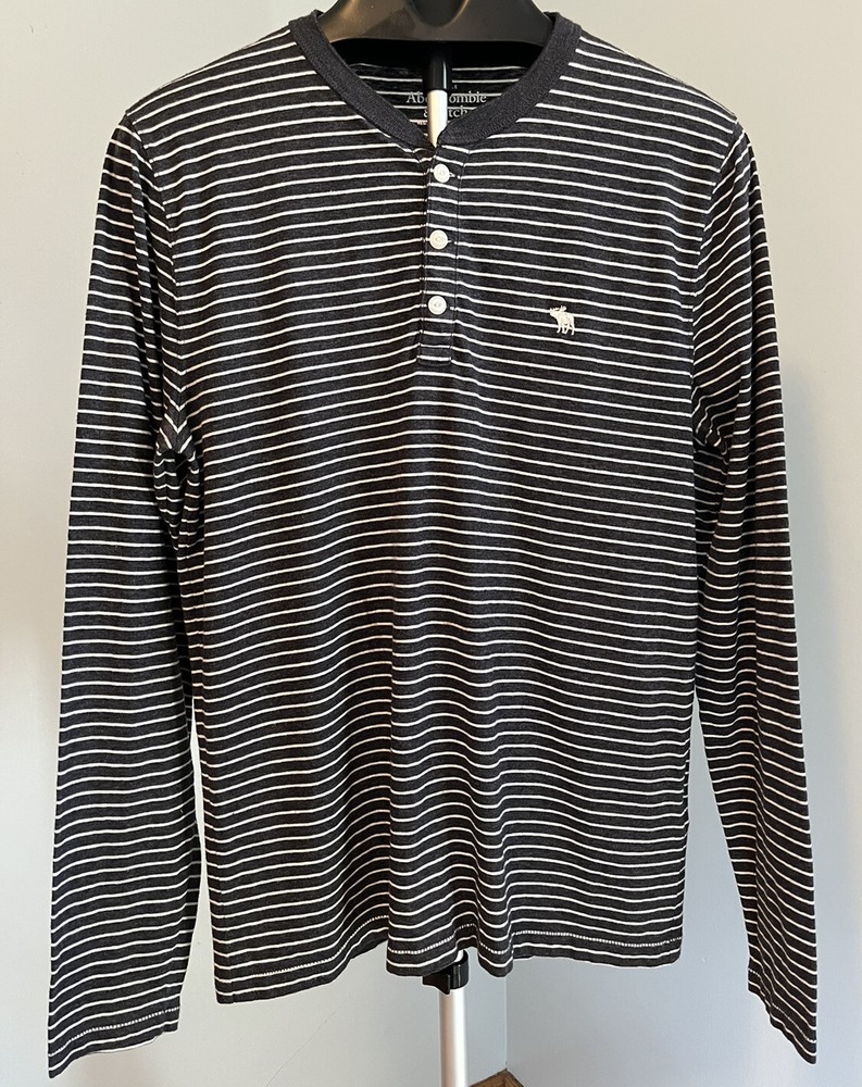Men’s Abercrombie And Fitch Long Sleeve Henley Shirt Muscle Gray Striped Medium