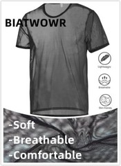 Zonbailon Mens Tops Undershirts Shirts Short Mesh Sleeve See Through T-Shirt
