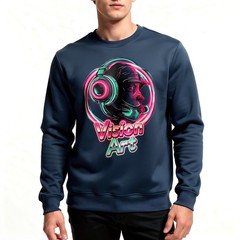 Vision Art Neon Cyberpunk Headphone Sweatshirt Glow Pink & Cyan Navy Size L