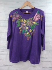 Vtg 3D Hand painted Floral Roses Purple T Shirt One Size