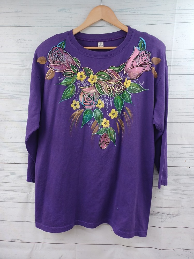Vtg 3D Hand painted Floral Roses Purple T Shirt One Size