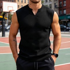 Men’s Knitted Vertical Stripe Sleeveless Tank Top Slim Fit Sports Gym Vest