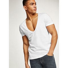 Men’s Deep V-Neck T-Shirt, Cotton Fitness Leisure Tops, Solid Color Europe Size