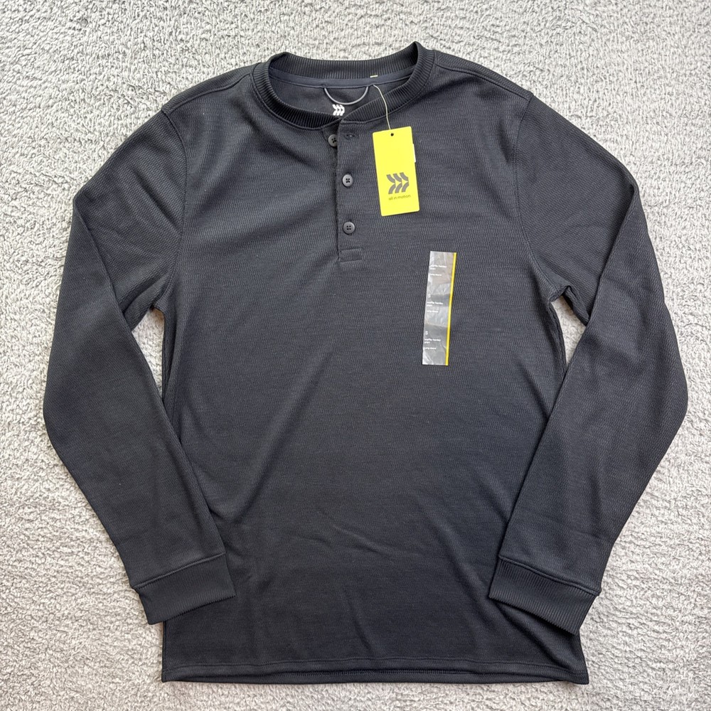 All In Motion Shirt Mens Small Black Waffle Henley Thermal Long Sleeve NWT