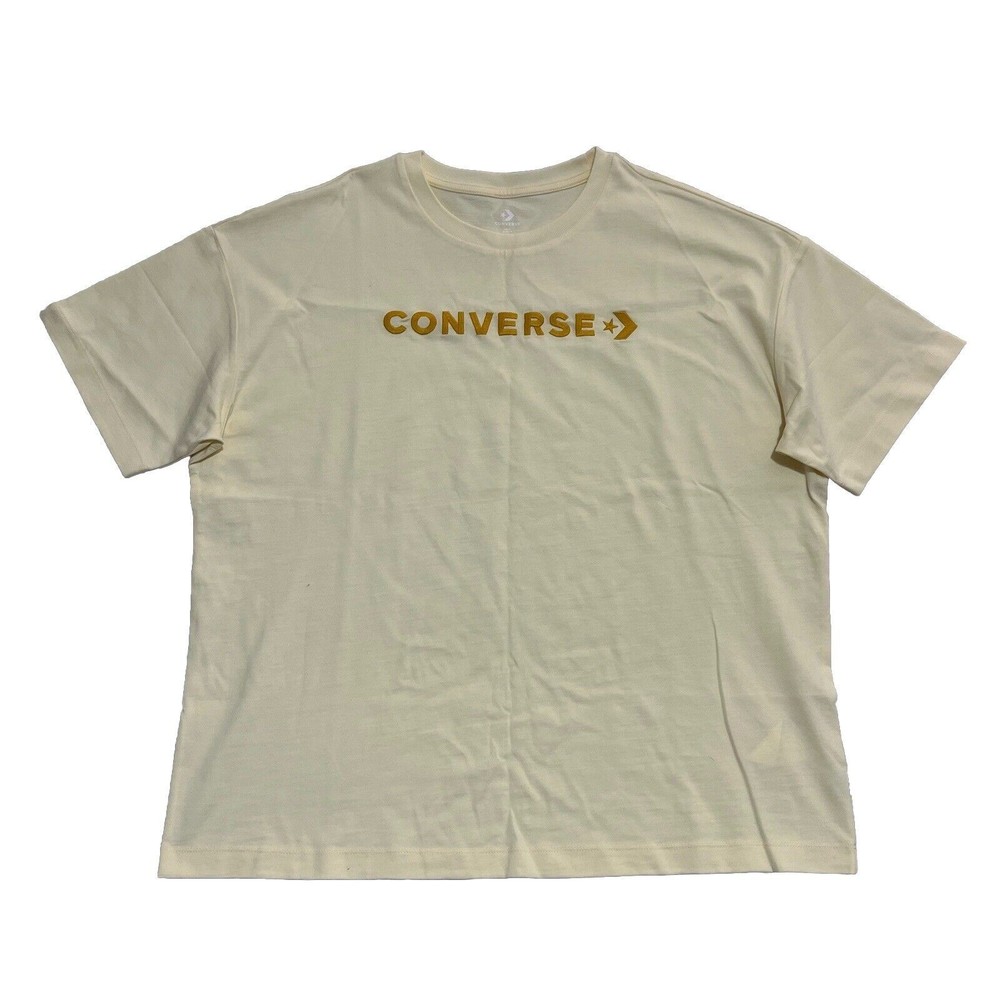 Converse Men’s T-Shirt Cream Loose Fit Short Sleeve Embroidered Logo Size Medium