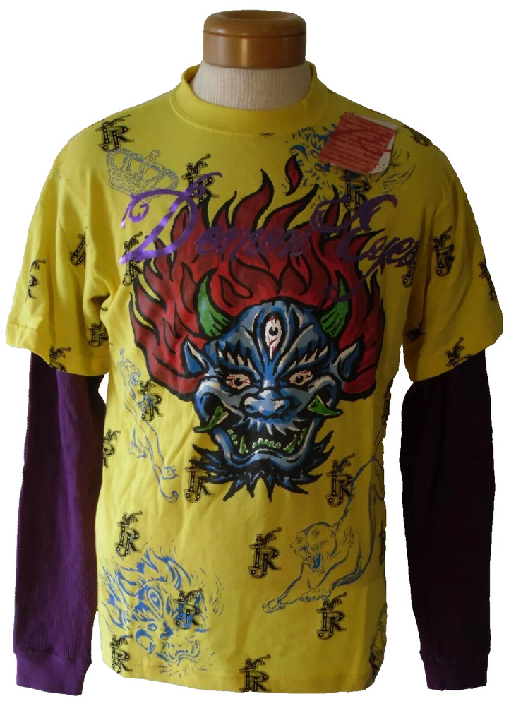 NWT Request Demon Eyes Mens L/S Layered Crew T-Shirt L Vibrant Yellow MSRP$45