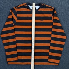 Stussy T-Shirt Mens Medium Gray Orange Wide Stripe Crewneck Logo Long Sleeve
