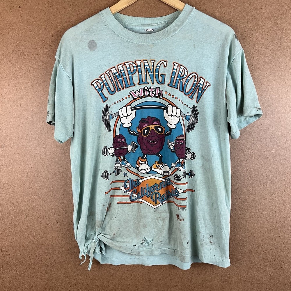 VTG 80s Faded Thrashed Ratty California Raisins Pumping Iron T-Shirt Med USA