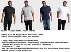 Fruit Of The Loom Tall Man Pocket T-Shirts Sizes MT LT XLT Up To 4 Color Options