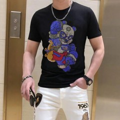 New Fashion Rhinestones Bear Short Sleeve Luxury Men Black White T-Shirt