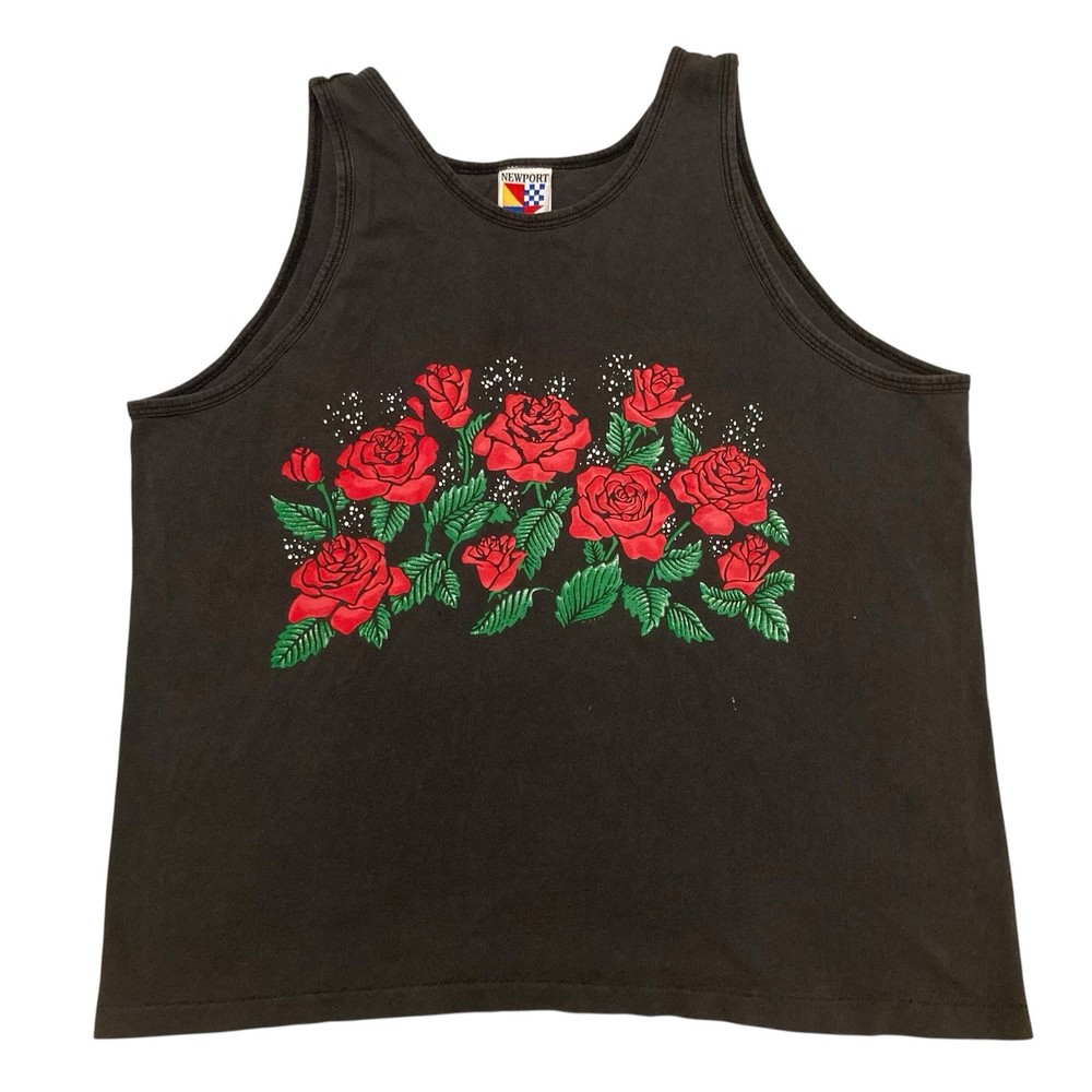 Vintage Newport Blue Red Roses Tank Top L Made In USA Single Stitch