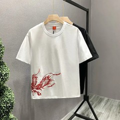 Men’s White Embroidery 100% Cotton O-Neck T-Shirt Korean Style Tee