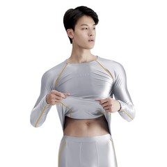 AMORESY Men Glossy Satin Oil Long-Sleeve Fitness T-Shirt Round Neck Running Tops