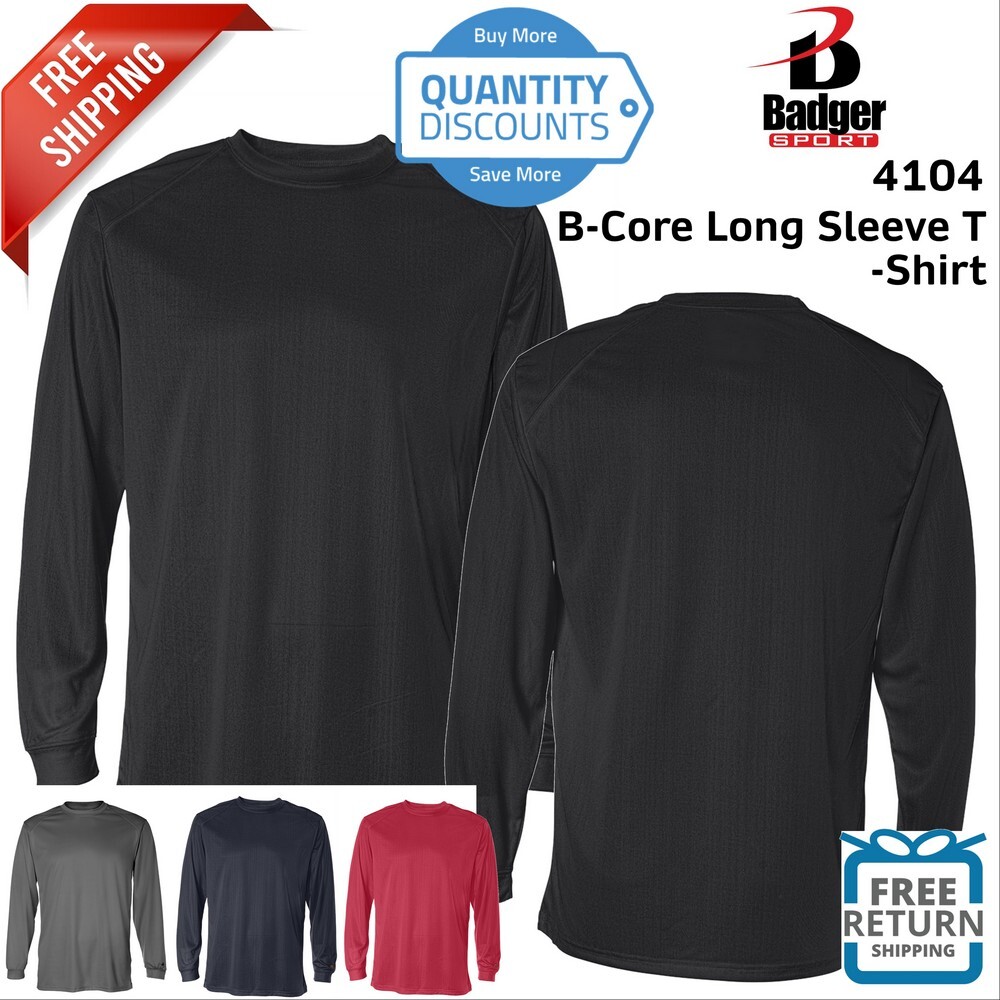 Badger Mens Blank B-Core Long Sleeve T Shirt Anti-Microbial 4104 Up To 3XL