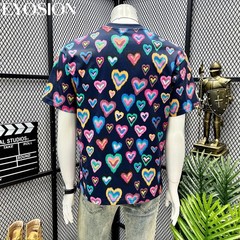 Men Heart Print Short Sleeve T-Shirt Casual Retro Round Neck Summer Cotton Tee