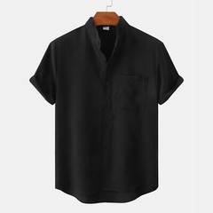 Mens Stand Collar Solid Color Shirt Casual Loose Button Short Sleeve Blouse Top