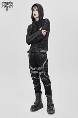 Devil Fashion Men Black And Gray Striped Gothic Asymmetric Hooded T-Shirt Tops