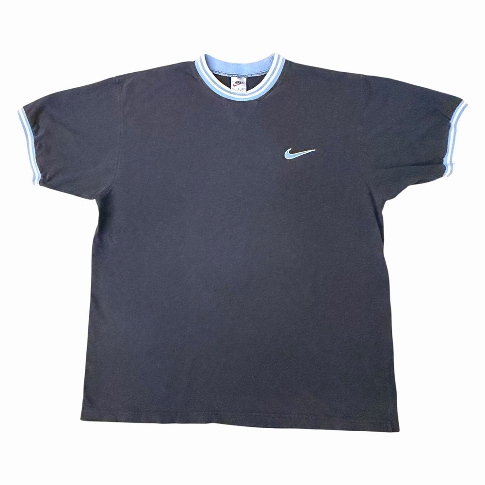 Vintage 90s Nike Embroidered Swoosh Logo Ringer T-Shirt Mens Large two Tone Blue