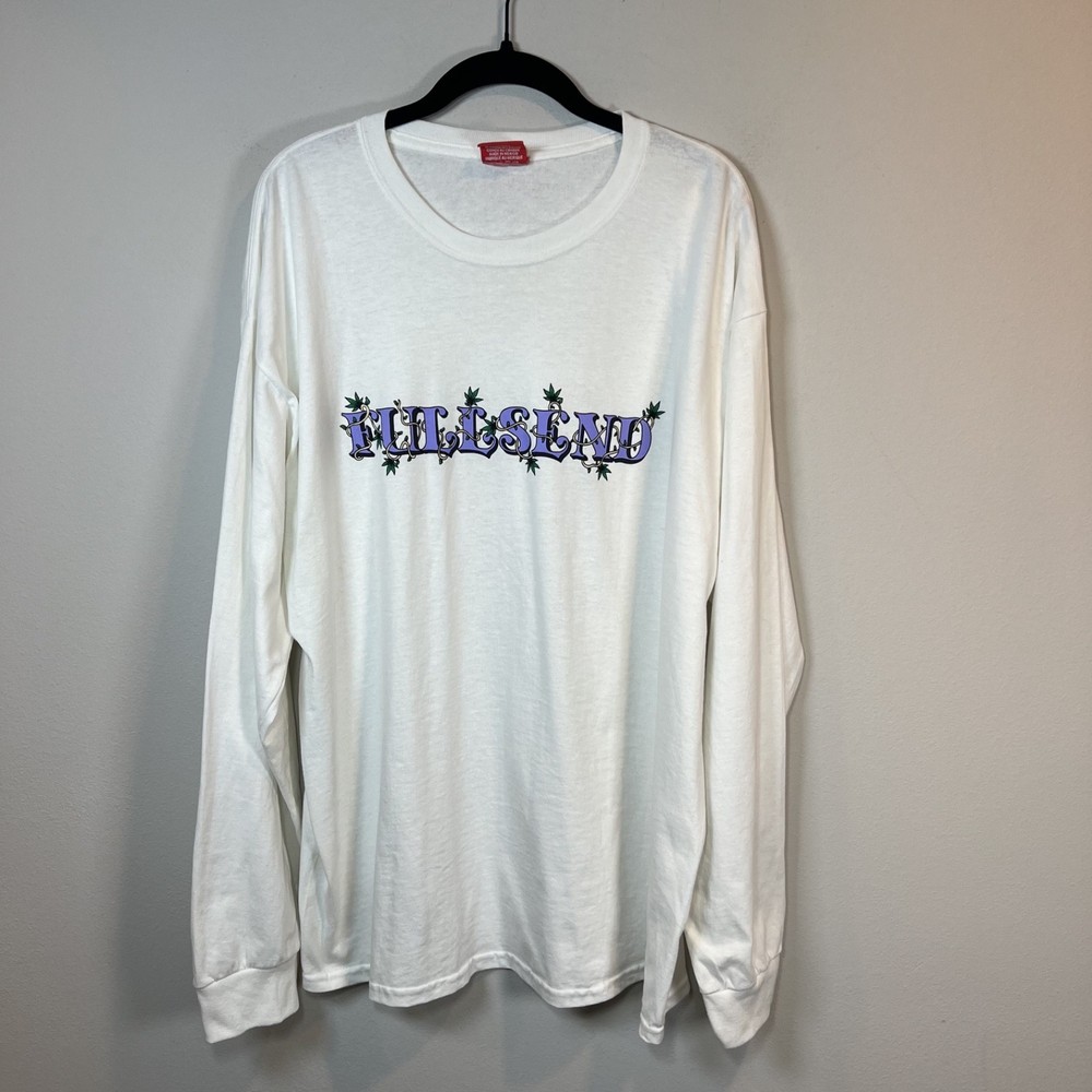 Full Send Nelk Boys Long Sleeve Shirt White Spell Out Cannabis Leaves Mens Sz XL