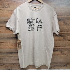 Hand-Printed Southwest Folk Art T-Shirt Cartoon Deer and Tree Lino Cut Print