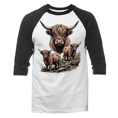 Highland Cattle Trio Nature Wildlife Cow Art 3/4 Sleeve Raglan