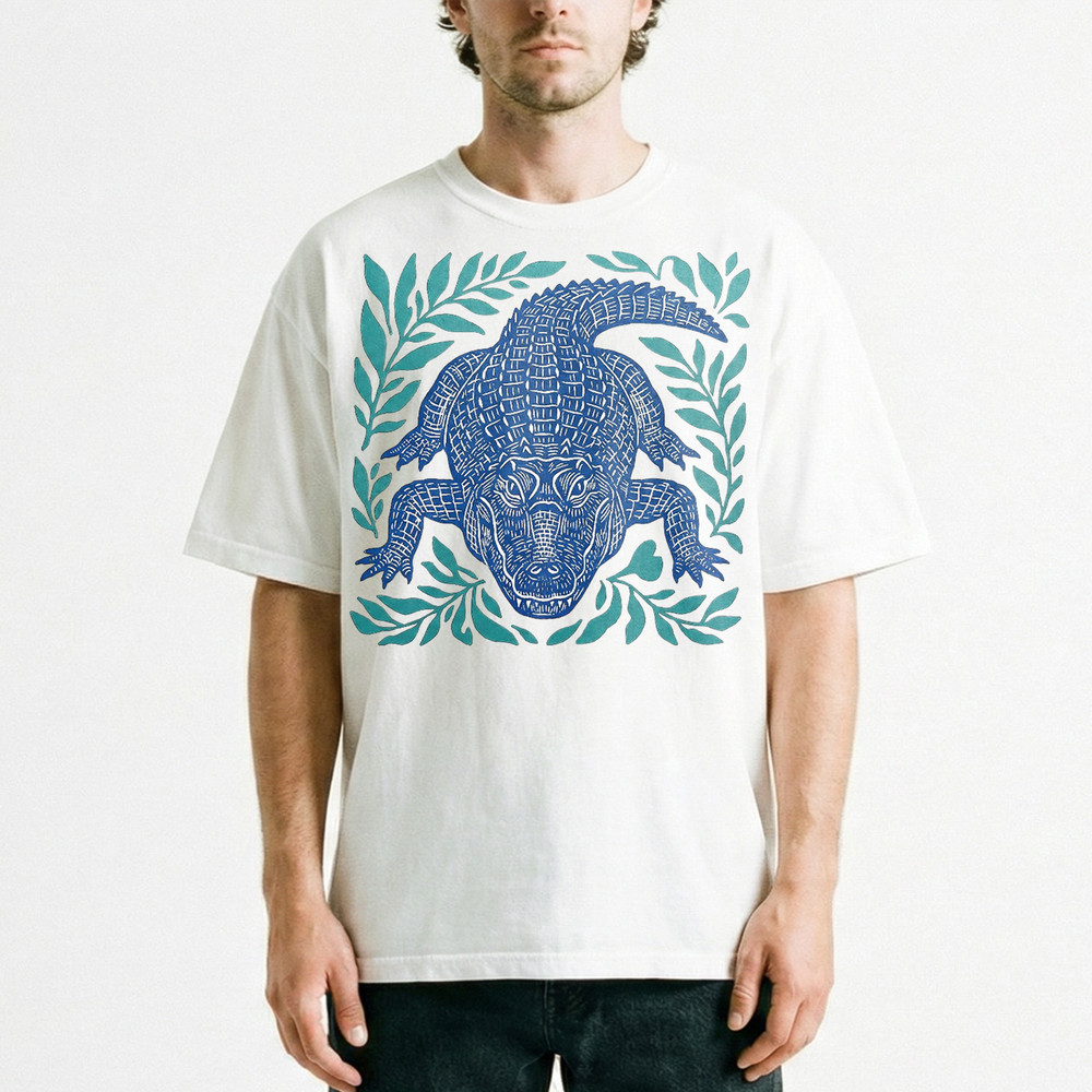 Alligator Gator Reptile Wildlife T-Shirt Tropical Blue Linocut Swamp Animal Tee