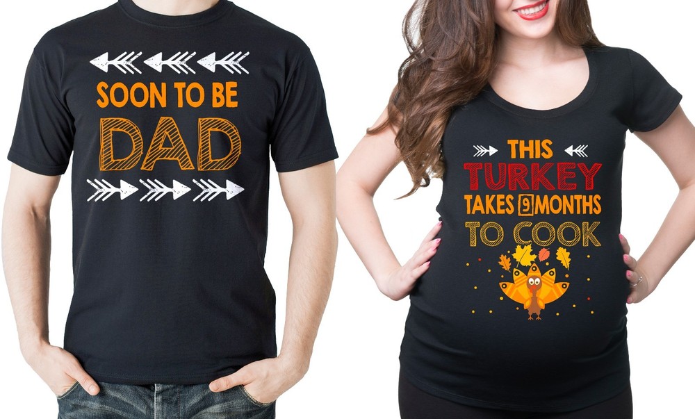Pregnancy Funny Couple T-shirts Thanksgiving Maternity Baby Announcements Tees
