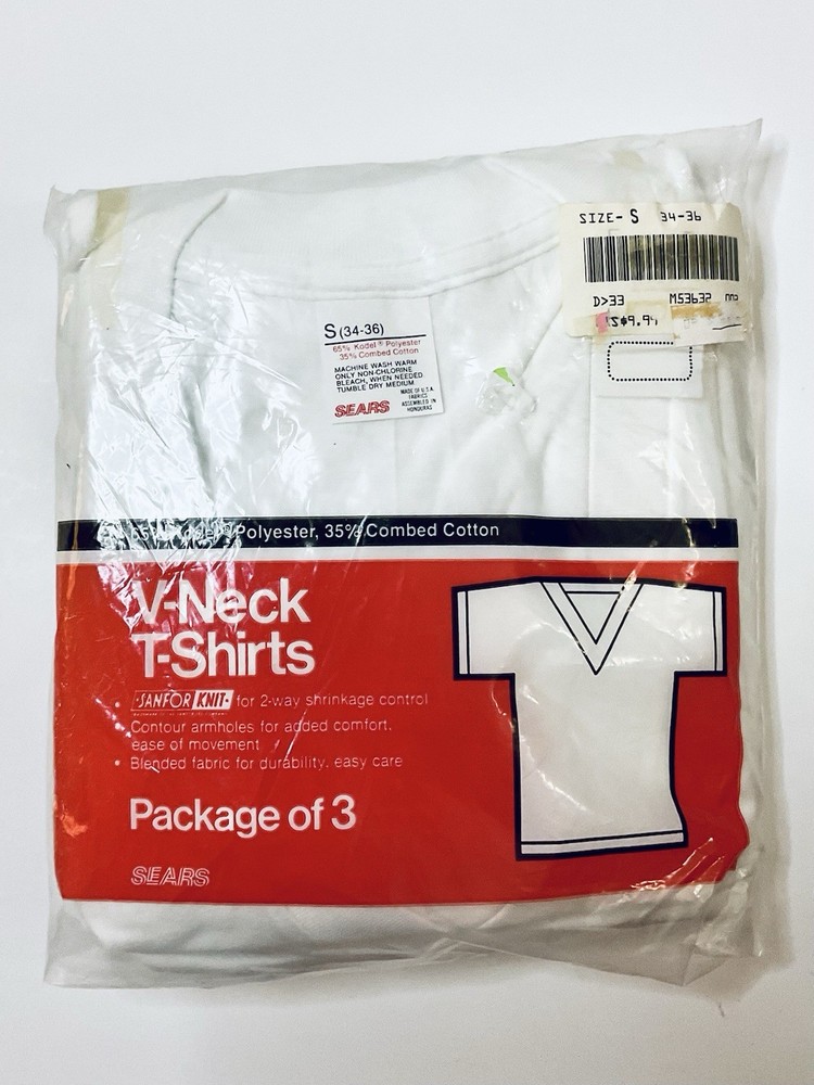 VINTAGE SEARS V-NECK T-SHIRTS WITH SANFOR-KNIT SIZE SMALL 34-36 WHITE 3-PACK NOS