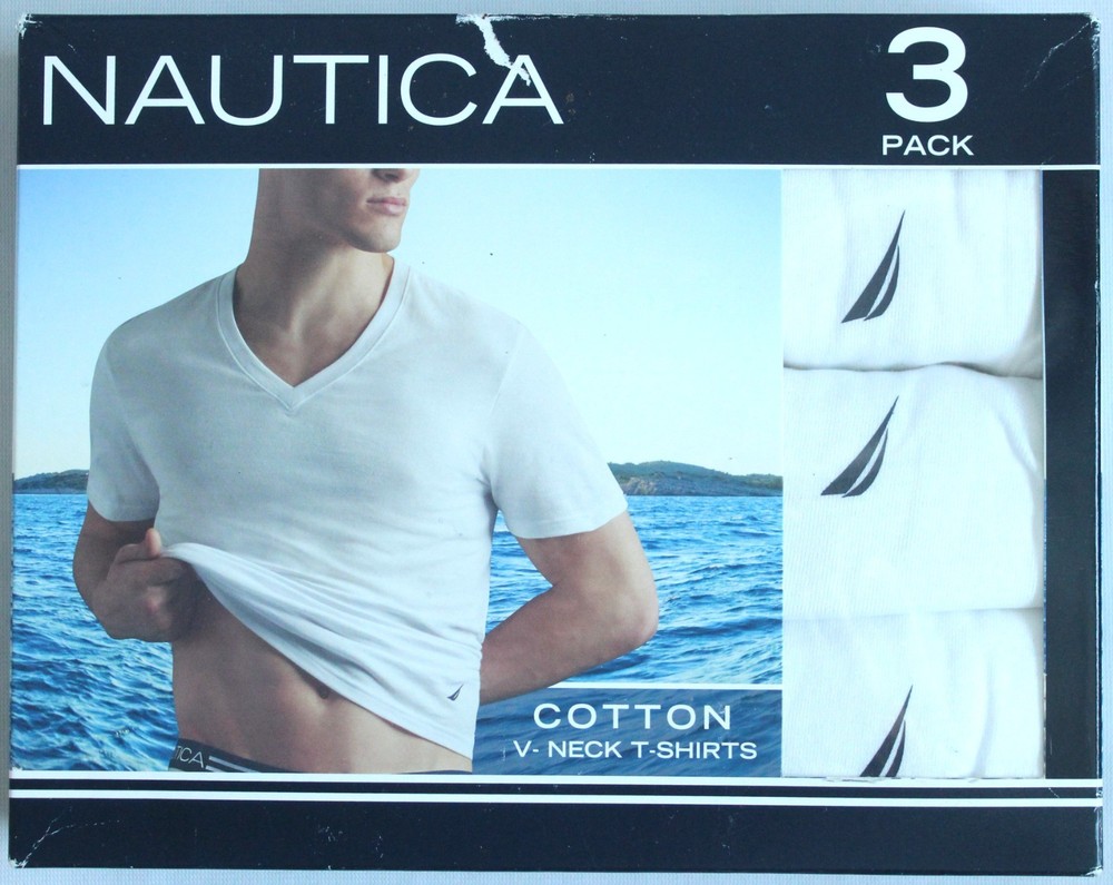 Nautica Mens Size S 34-36 3-Pack Cotton Blend V-Neck T-Shirts White Undershirts