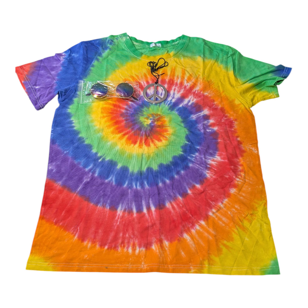 Tie Dye T-Shirt – L – 60’s – 3pcs-T Shirt/Glasses/Peace Sign Necklace Brand New