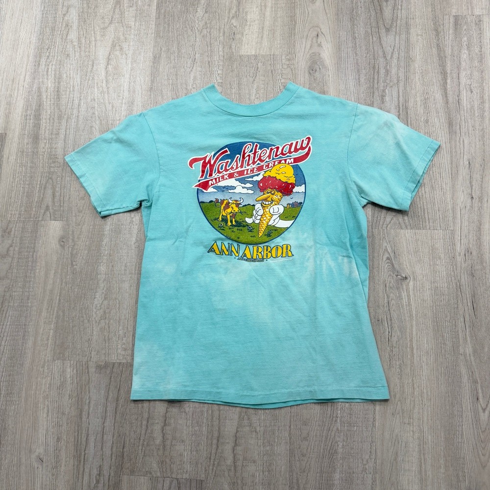Vintage Washtenaw Milk & Ice Cream Ann Arbor Shirt Men’s Medium Teal Faded 80s
