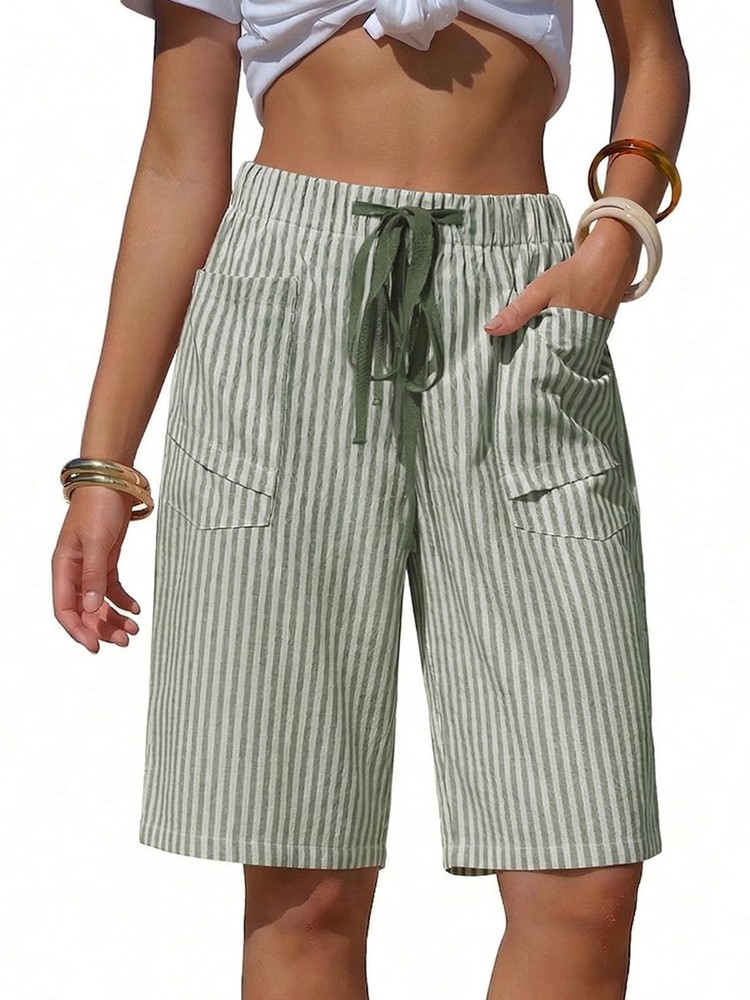 Women’s Faux Linen Striped Bermuda Shorts Casual Drawstring Elastic Waist Sum…