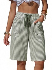 Women’s Faux Linen Striped Bermuda Shorts Casual Drawstring Elastic Waist Sum…