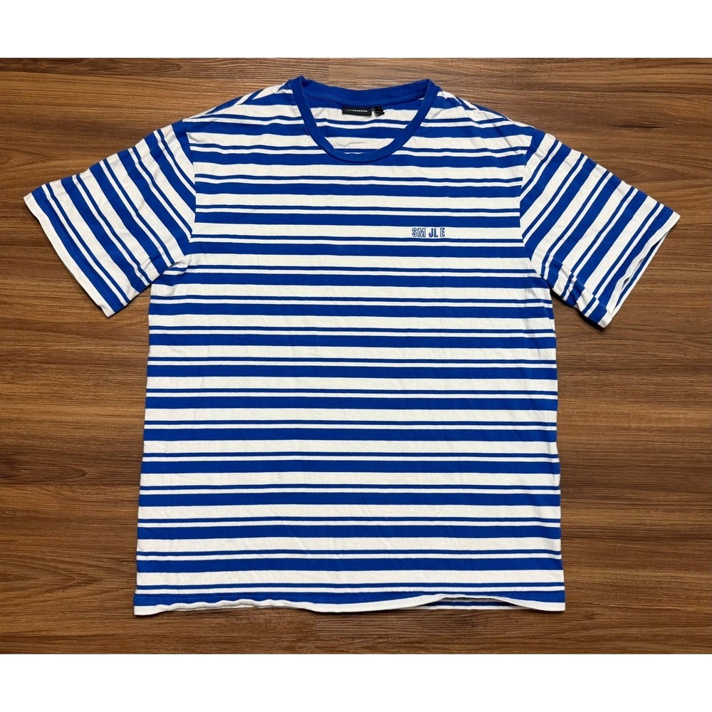 J.Lindeberg Charles Plain Stripe Crewneck T-Shirt Mens Blue White “SMILE” Sz M
