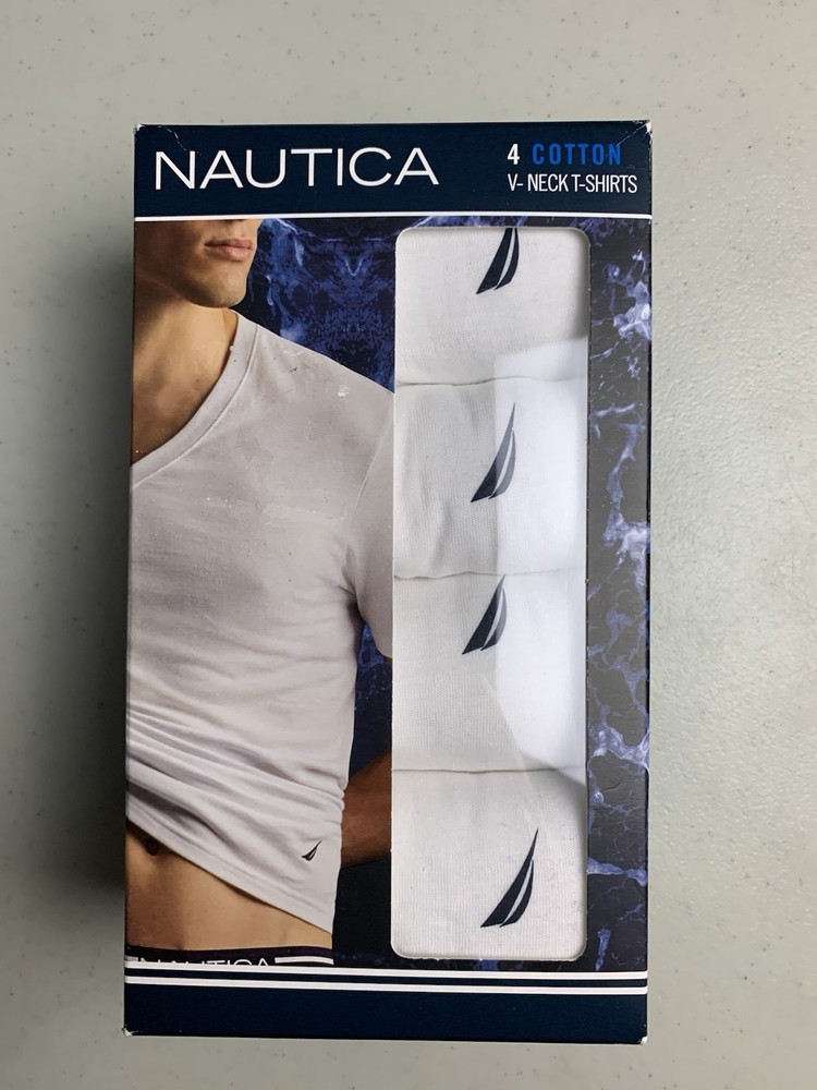 NAUTICA Mens Large L 42-44 4 Pack White Soft Cotton V Neck T Shirts Tag Free New