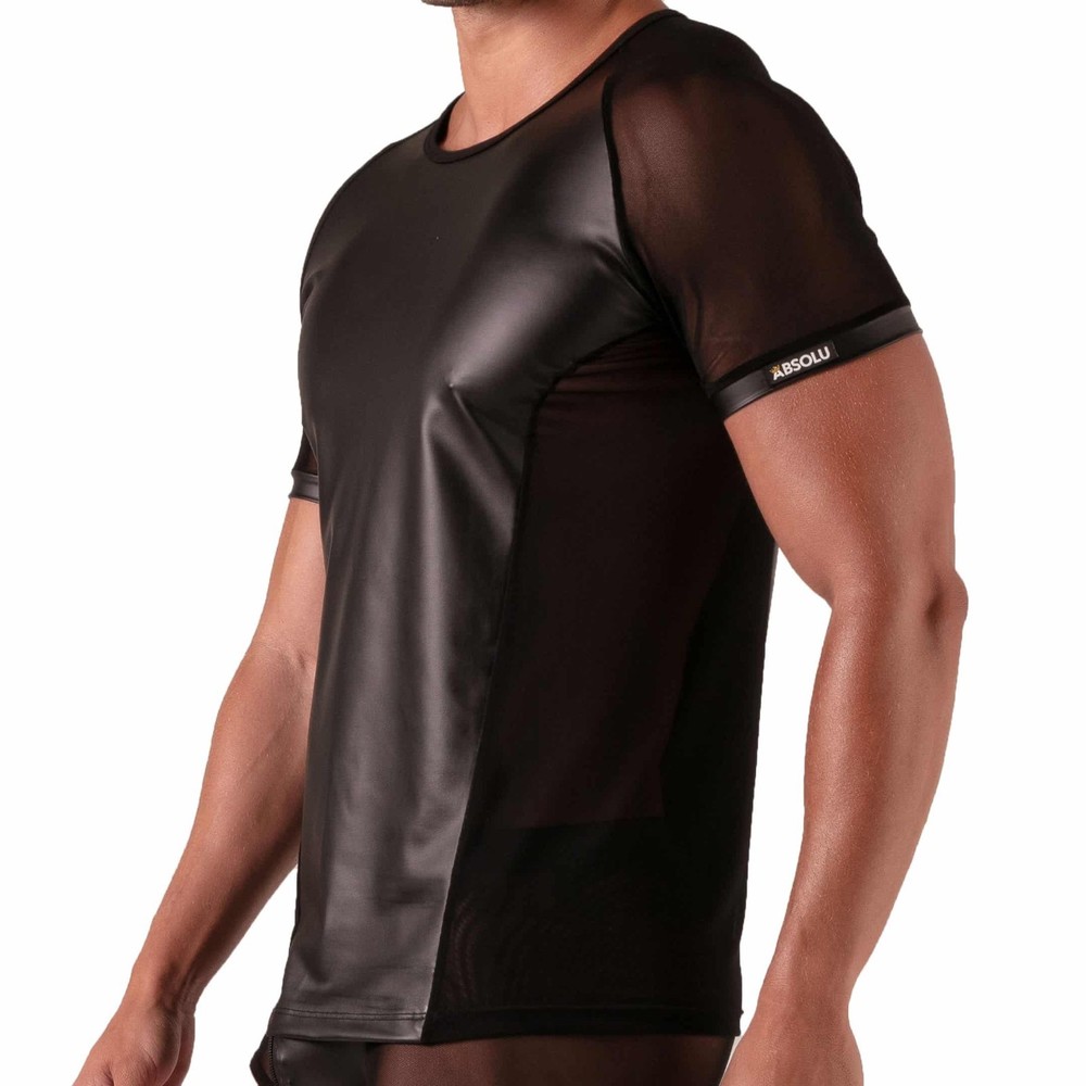 Absolu Male By TOF PARIS Rebel Mesh T-Shirt Crew-Neck Leather Look 1