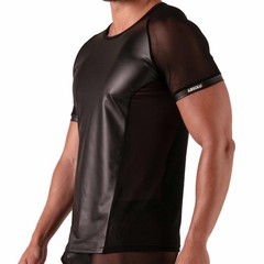 Absolu Male By TOF PARIS Rebel Mesh T-Shirt Crew-Neck Leather Look 1