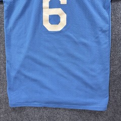VTG 70s Nylon Mesh Flock Printed V Neck Jersey Mens M Blue Baseball Football