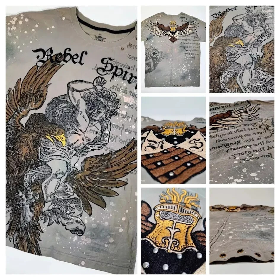Rebel Spirit T Shirt Men’s 2XL Green Brown Black Yellow Coat of Arms Eagle Used