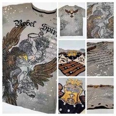 Rebel Spirit T Shirt Men’s 2XL Green Brown Black Yellow Coat of Arms Eagle Used