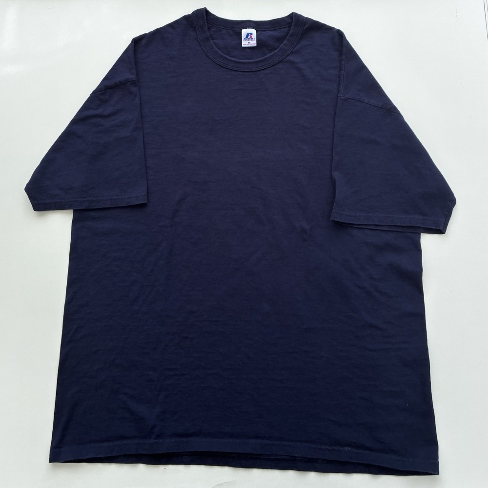 Vintage Russell Athletic Blank Navy Blue Ribbed Collar T Shirt Size Men’s XL