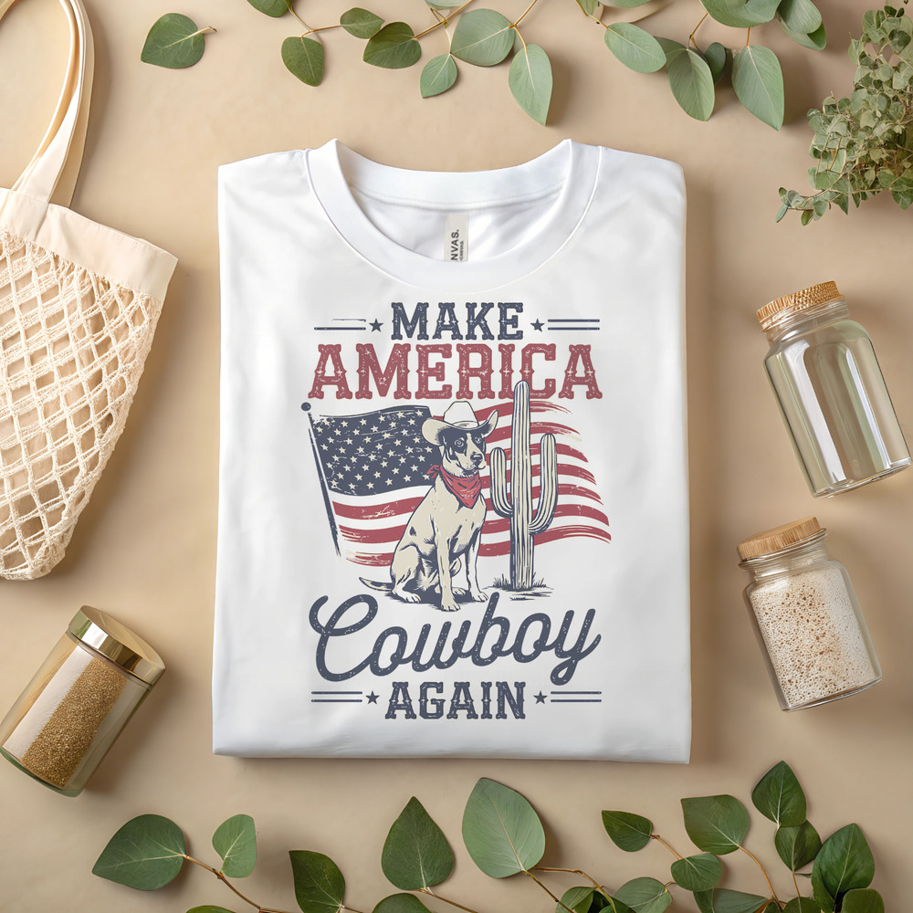Patriotic Cowboy Dog Graphic T-Shirt Western Ranch Dog Shirt A638