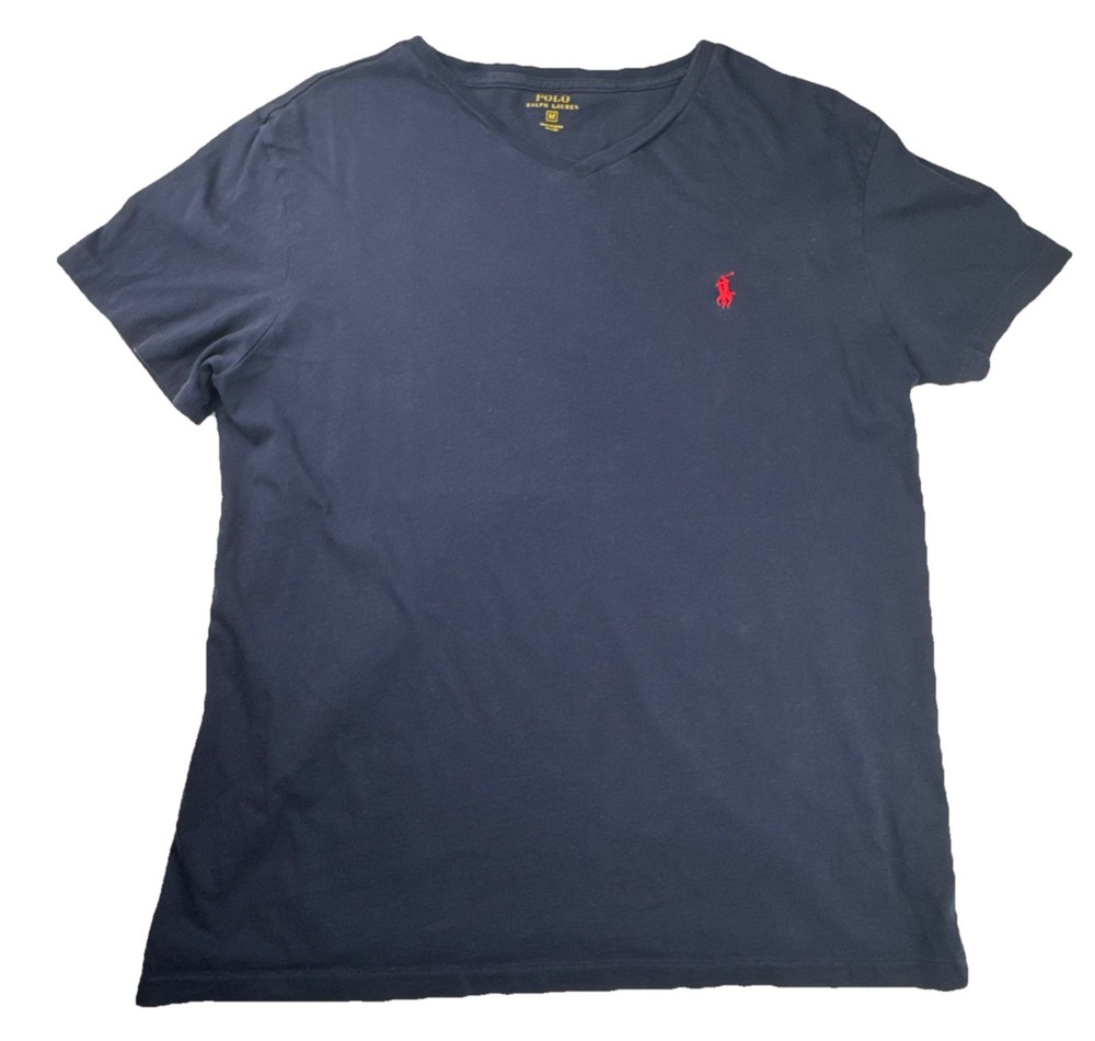 Polo Ralph Lauren Mens V-Neck T-Shirt Size M Navy Blue Cotton Classic Preppy Tee