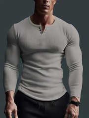 AMen’s Collarless Breasted Henry Shirt Top Fitness High Stretch Base Shirt